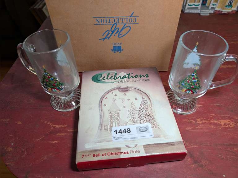 VINTAGE AVON FOOTED CHRISTMAS MUGS AND CELEBRATIONS 7.75 IN BELL OF CHRISTMAS PLATE IN ORIGINAL BOX image