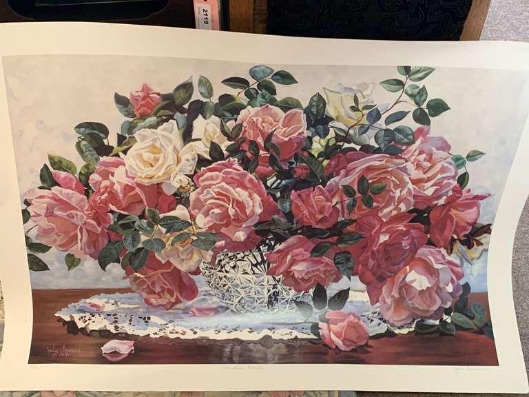 LARGE UNFRAMED "GARDEN ROSES" PRINT BY JULIE INMAN DOUBLE SIGNED #24/30 39" LONG X 29" WIDE image