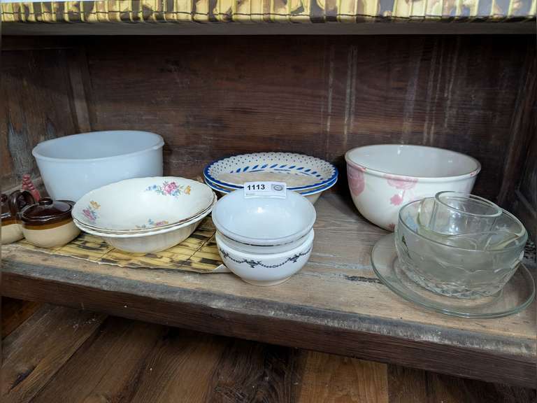 POTTERY, GLASS, AND PORCELAIN ON BOTTOM SHELF MARKED 1113 image
