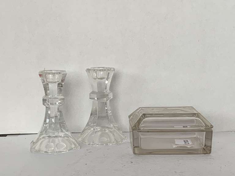 VINTAGE PAIR LEAD CRYSTAL CANDLESTICKS 5" TALL & CRYSTAL LIDDED BOX WITH ETCHED MARLIN 5" LONG X 2 3/4" TALL X 4" WIDE image