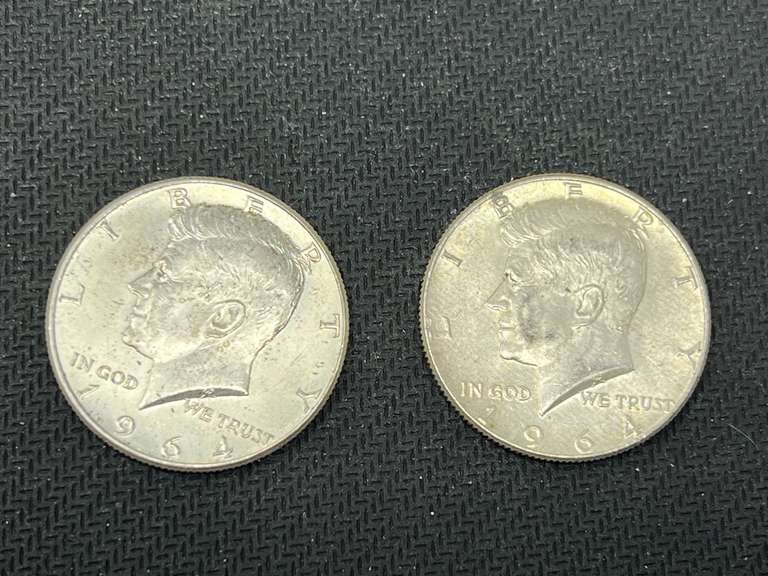 1964 Kennedy silver half dollars, two pieces, see pictures for details. image