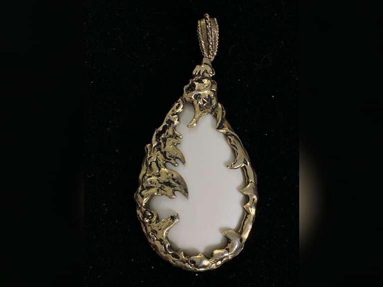 VINTAGE LARGE UNSIGNED (BELIEVED TO BE) JULIANA BOOK PIECE - MADE OF WHITE LUCITE - SAME STYLE PENDANT ELAINE IN THE MOVIE "THE LOVE WITCH" WORE 4" LONG image