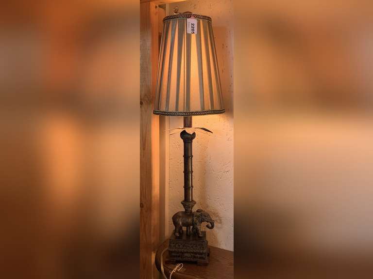NICE HEAVY METAL ELEPHANT CANDLESTICK LAMP WITH PLEATED SHADE 28" TALL image