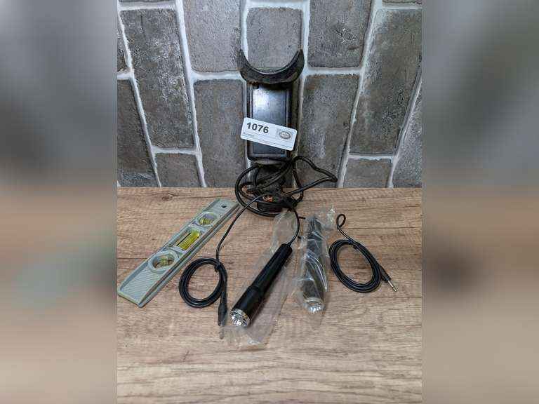 OLD TELEPHONE HANDSET SWITCH, PAIR OF UNUSED MICROPHONES, AND SMALL LEVEL TOOL image