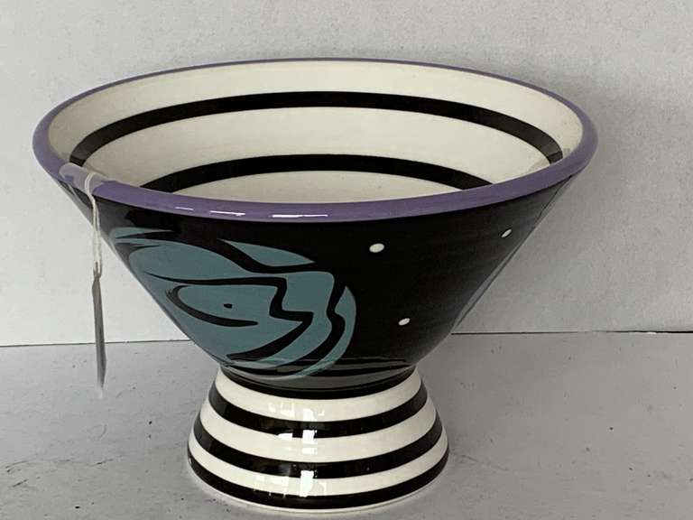 HANDMADE HAND PAINTED ART DECO ABSTRACT COMPOTE 7 1/2" ROUND X 5" TALL image
