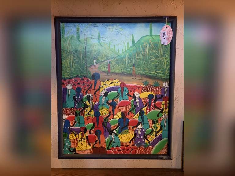 VINTAGE PAINTING ON MASONITE BOARD OF HAITIAN NATIVE MARKET 21" WIDE X 24 1/2" TALL (HAS A LITTLE DAMAGE - SEE PICS) image