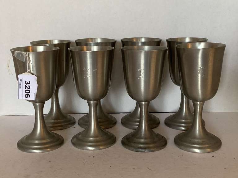 SET OF 8 AMERICANNA PEWTER GOBLETS ENGRAVED WITH "E" 6 1/4" TALL image