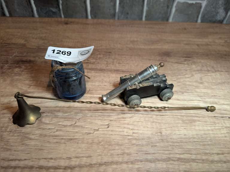 BLUE GLASS APOTHECARY BOTTLE WITH SMALL ANTIQUE CHURCH KEYS, METAL CANON MODEL MADE IN ITALY, AND BRASS CANDLE SNUFFER image