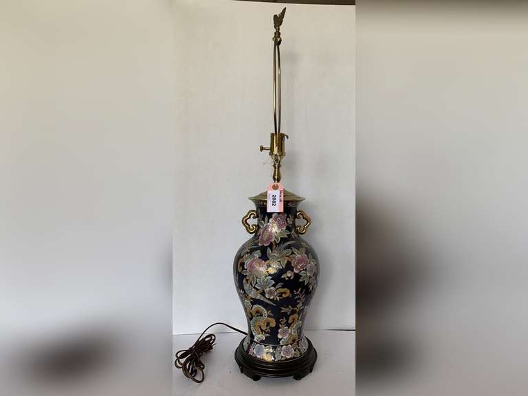 VINTAGE NAVY BLUE PORCELAIN HAND PAINTED URN STYLE TABLE LAMP (NO SHADE) 32 1/2" TALL image