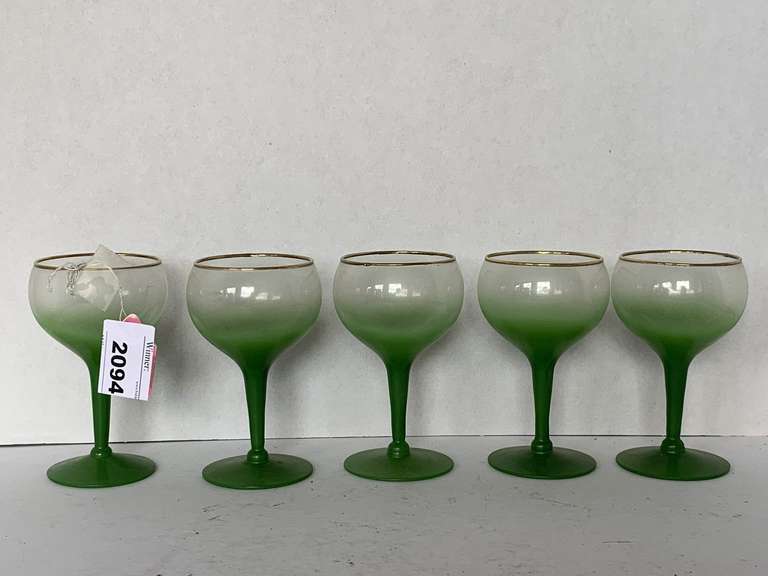 5 VINTAGE WEST VIRGINIA BLENDO GREEN FROSTED STEMMED CORDIALS image