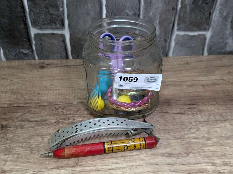 1930s ERA MERVIN WAVE CLIP CO. HAIR CURLER, VINTAGE MULTIPLYING PEN, BRACELETS, AND MORE WITH CLEAR GLASS JAR image