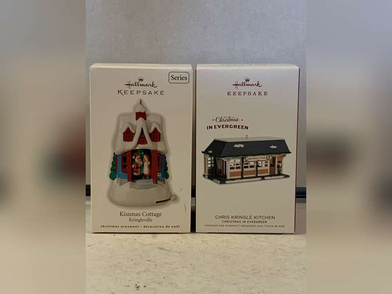 2 NEW HALLMARK ORNAMENTS - "2010 KISSMAS COTTAGE - KRINGLEVILLE" & "2018 CHRIS KRINGLE KITCHEN - CHRISTMAS IN EVERGREEN" image