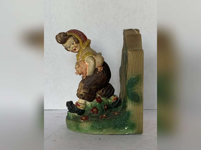 VINTAGE PLANTER GIRL WITH A PIG BOOKEND image