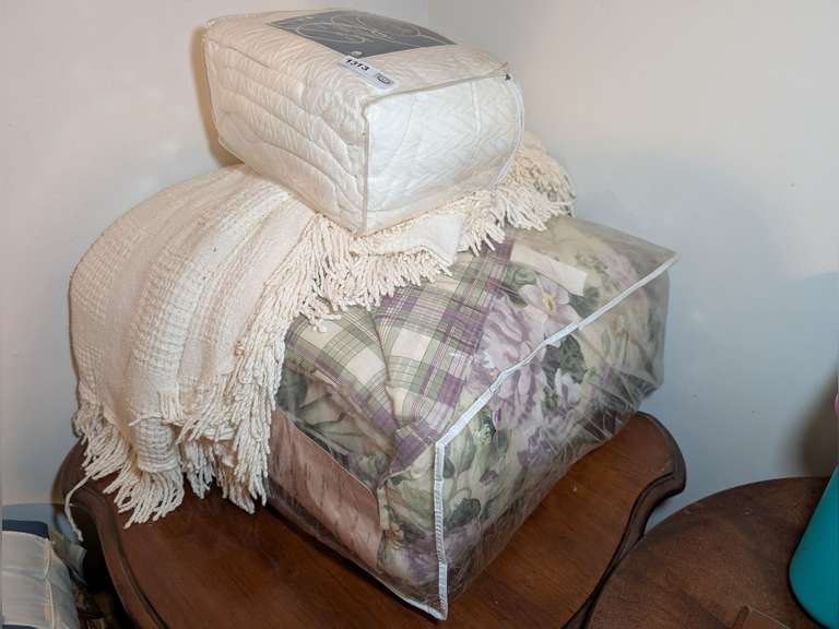 BED SET AND HERRINGBONE BLANKET IN ORIGINAL PACKAGES PLUS VINTAGE COTTON BLANKET image