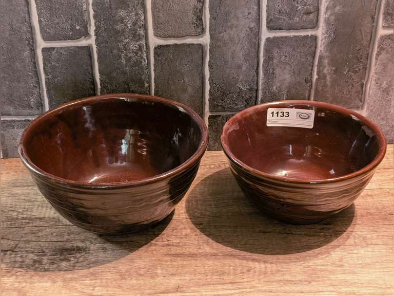 PAIR OF VINTAGE MARCREST DRIP GLAZED POTTERY MIXING BOWLS image