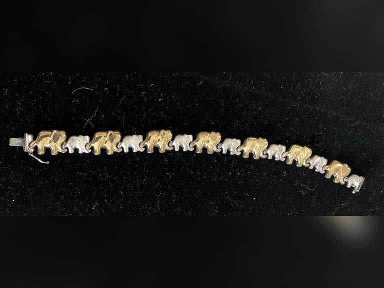 VINTAGE STERLING SILVER ITALY FAMILY ELEPHANT LINK BRACELET 7" WITH GOLD PLATE image