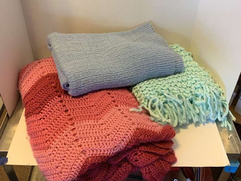 SHADES OF PINK HAND CROCHET BEDSPREAD, BLUE BLANKET & LT BLUE HAND CROCHET LAP THROW image