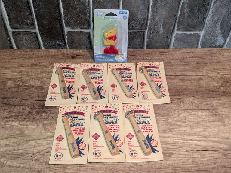 1996 MAJOR LEAGUE ATLANTA BRAVES MINI KEYCHAIN BATS IN ORIGINAL PACKAGES PLUS DISNEY BABY WINNIE THE POOH PACIFIER ATTACHER AN ORIGINAL PACKAGE image