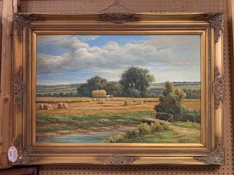EXTRA LARGE OIL ON CANVAS "SUMMER HARVEST" IN VERY ORNATE FRAME 43" LONG X 32" WIDE image