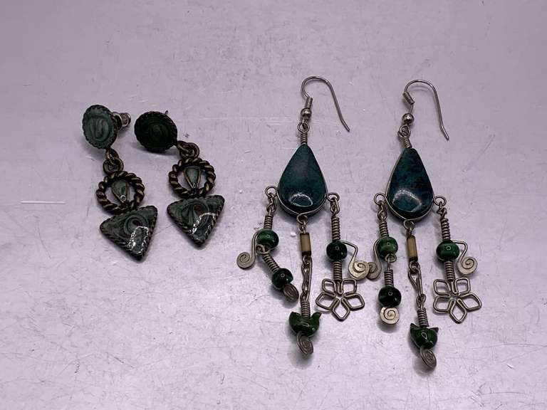 PAIR VINTAGE FAUX JADE AND GOLD TONE DANGLE EARRINGS & PAIR PEWTER TONE PIERCED DANGLE EARRINGS WITH ENAMEL image