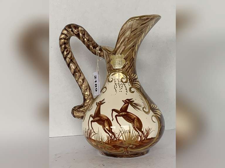 VINTAGE HUBERT BEQUET BROWN WITH GOLD TRIM "DEER" PITCHER MADE IN BELGIUM 9" TALL image