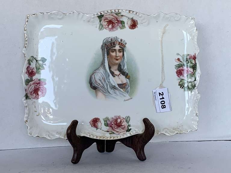 ANTIQUE HAND PAINTED BAVARIAN QUEEN JOSEPHINE PLATTER W/ STAND 11X8 image