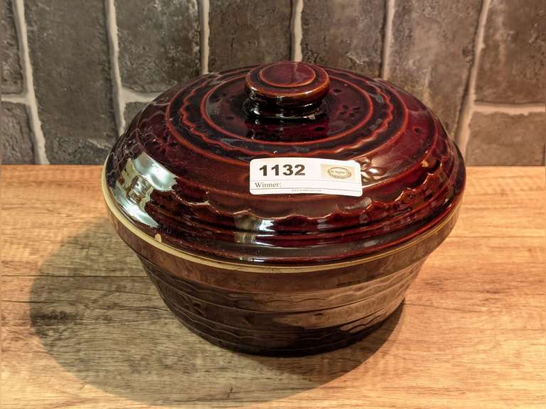 VINTAGE MARCREST DRIP GLAZED POTTERY LARGE VEGETABLE BOWL WITH LID image