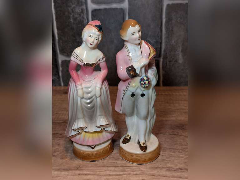PAIR OF SIGNED PORCELAIN VICTORIAN FIGURINES MADE IN OCCUPIED JAPAN image