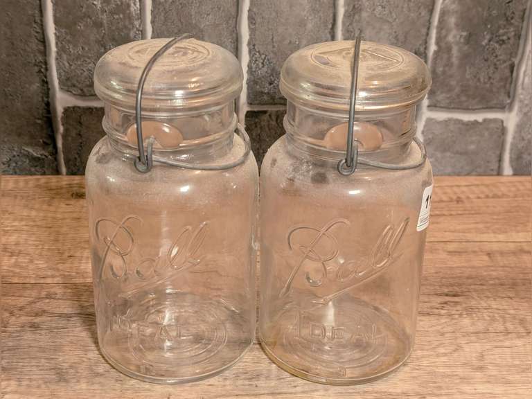 PAIR OF OLD BALL IDEAL BAIL LID MASON JARS image