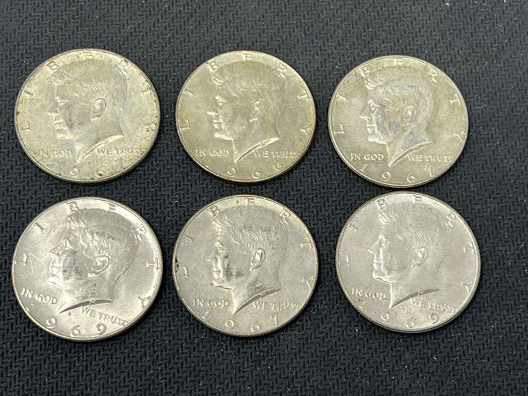 1966, 1967, and 1969 Kennedy half dollars, (40% silver), six pieces total, see pictures for  details. image