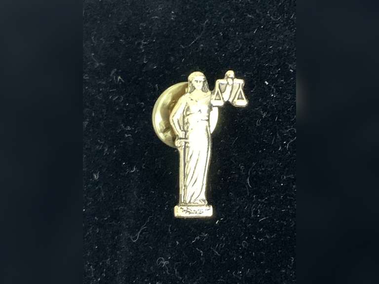 VINTAGE "LADY JUSTICE" JUDICIARY GOLD TONE LAPEL PIN image