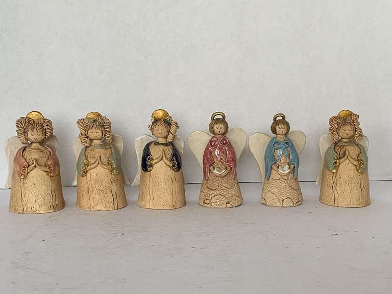SET OF 6 HANDMADE ART POTTERY ANGELS 4" TALL (ONE HAS DAMAGE TO HER HAIR) image