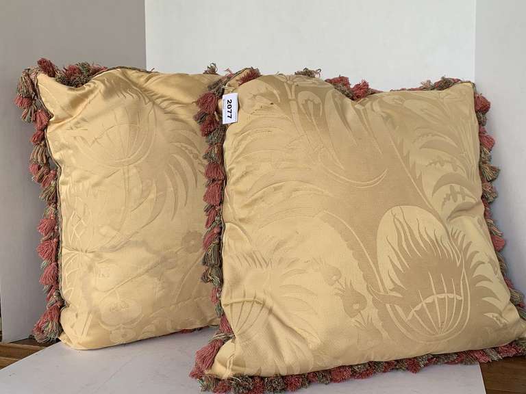 PAIR GOLD TAPESTRY THROW PILLOWS WITH FRINGE 18X18 image