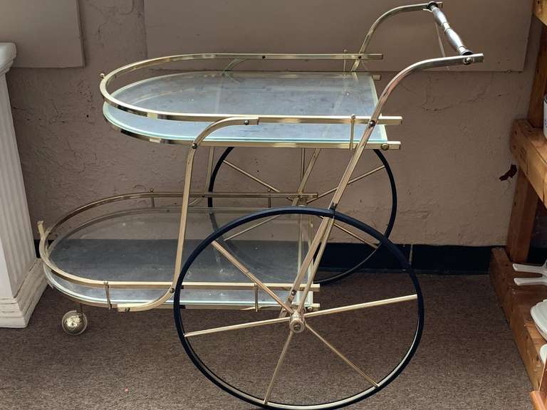 MID CENTURY BRASS & GLASS 2 TIER BAR CART 42" LONG X 19 3/4" WIDE X 33" TALL image