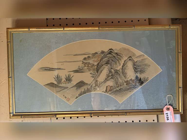VINTAGE FAN CHINESE PAINTING SIGNED FRAMED/MATTED 24" LONG X 13" WIDE image