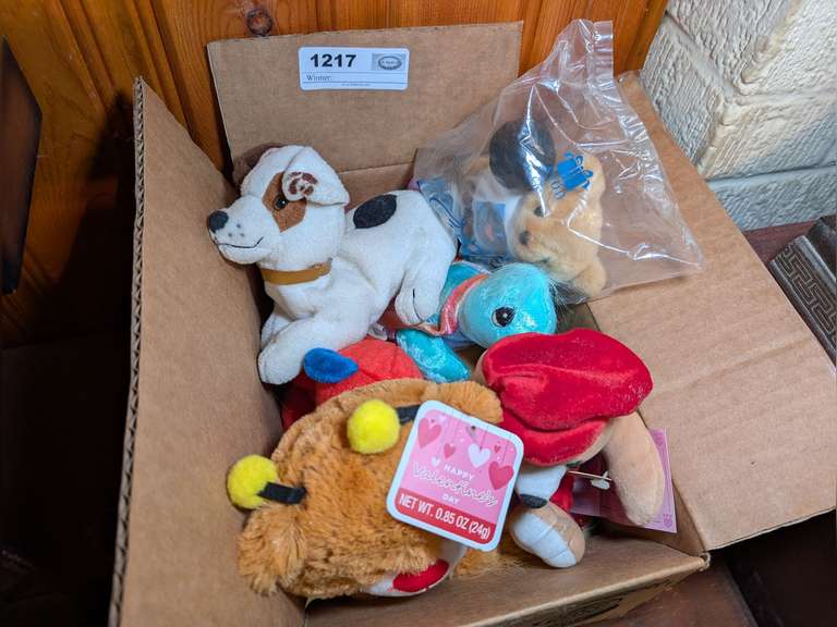 BOX LOT OF TEDDY BEARS, PET TOYS, AND MORE image