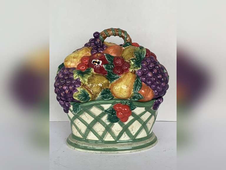 1994 RAYMOND WAITES CORNUCOPIA FRUIT BASKET CERAMIC COOKIE JAR 11 1/2" TALL X 12" WIDE image