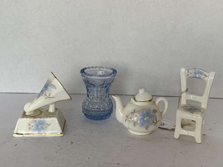 3 PIECE BONE CHINA MINIATURE SET - CHAIR, TEAPOT, HAMMERSLEY AND LT BLUE GLASS TOOTHPICK HOLDER image