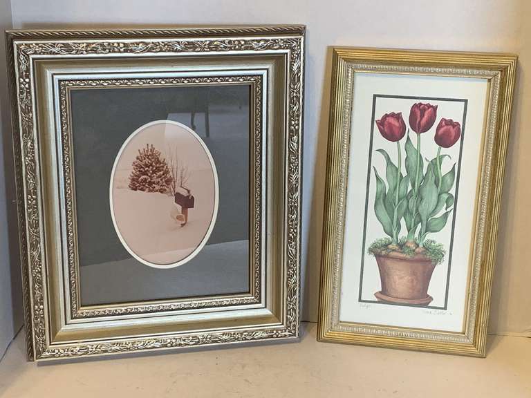 VINTAGE FIONA BUTLER "TULIPS" PRINT 7 1/2" X 14" & FRAMED SEPIA PRINTING 12 1/2" X 14 1/2" image