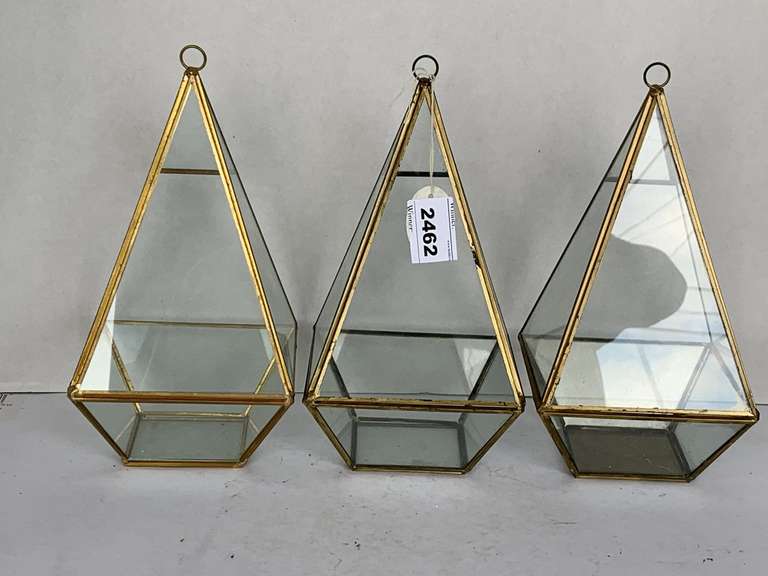 3 GLASS & BRASS GEO PYRAMID VOTIVE HOLDERS 9" TALL X 5" WIDE image