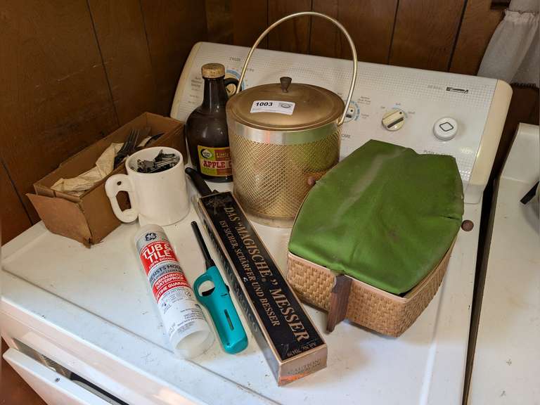 ALL ITEMS IN DRYER TOP AREA MARKED 1003 INCLUDING VINTAGE ITALIAN ICE BUCKET, VINTAGE COSMOPOLITAN BREAD WARMER, GERMAN SPECIALTY KITCHEN KNIFE IN ORIGINAL BOX, FLATWARE, AND MORE image