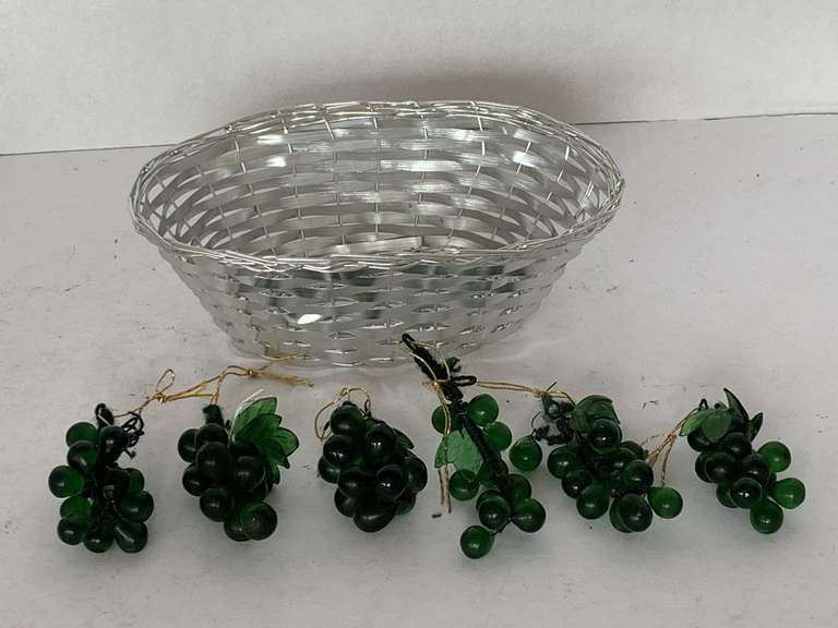 6 MINI GREEN GLASS GRAPE CLUSTER IN SILVER BASKET image