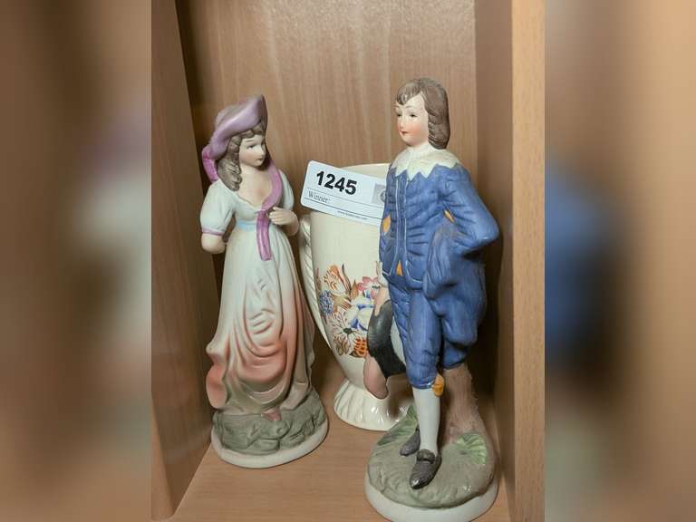 BISQUE PORCELAIN VICTORIAN FIGURINES AND OLD HAND-PAINTED PORCELAIN VASE image