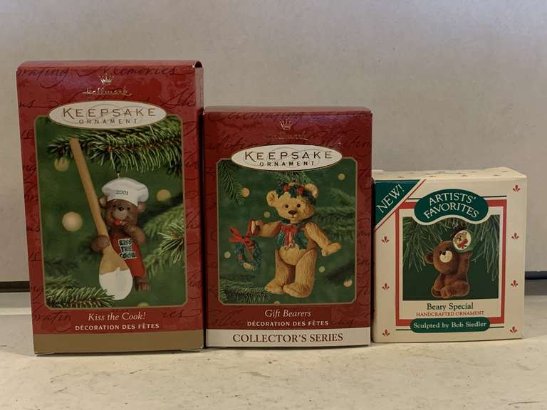3 NEW HALLMARK ORNAMENTS "2001 KISS THE COOK!", "2001 GIFT BEARERS" & "1987 BEARY SPECIAL" image