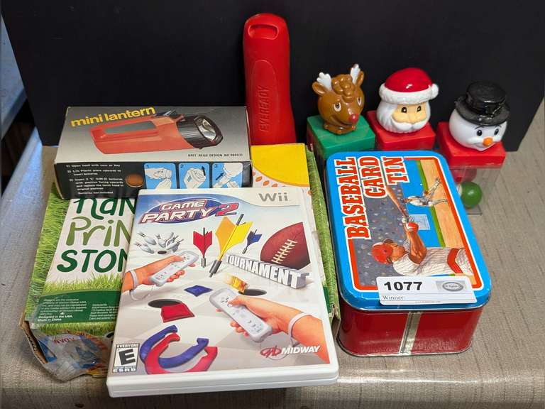WII GAME PARTY, BASEBALL CARD TIN, FLASHLIGHTS, HANDPRINT STONE KIT, AND MORE image