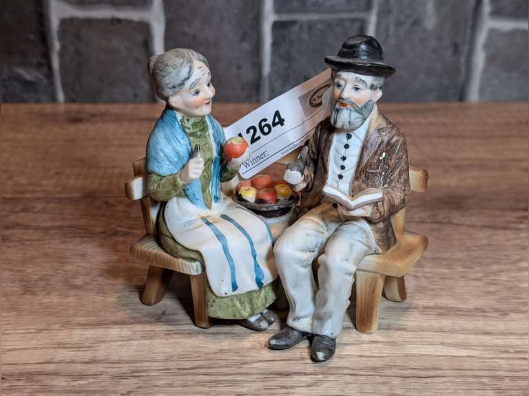 BISQUE PORCELAIN LEFTON FIGURINE, GRANDMA AND GRANDPA ON THE BENCH image