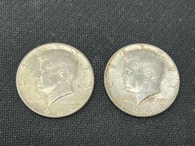 1964 Kennedy silver half dollars, two pieces, see pictures for details. image