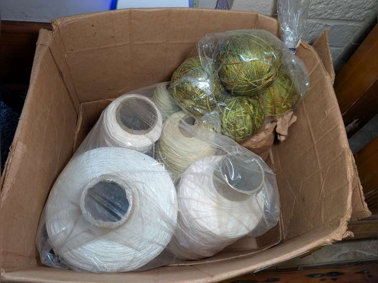 BOX LOT OF YARN INCLUDING MULTIPLE VERY LARGE SPOOLS image
