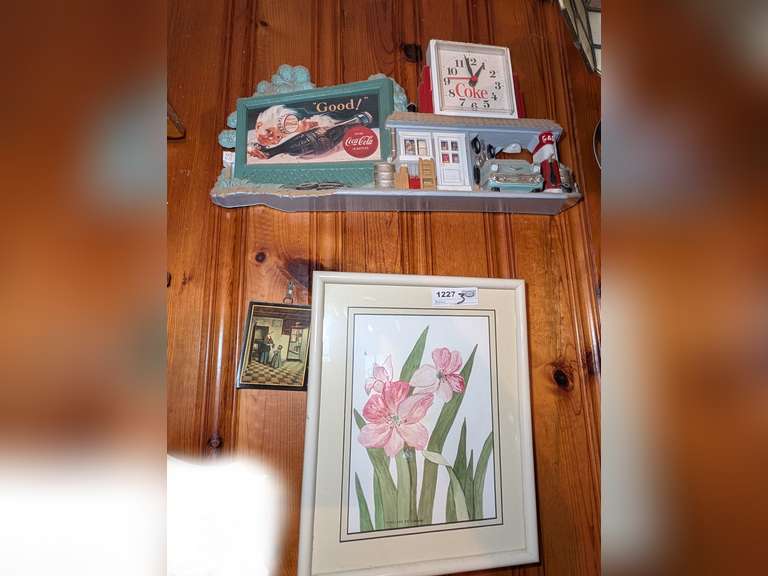 COCA-COLA SERVICE STATION THEME WALL CLOCK AND PAIR OF WALL ART BELOW image