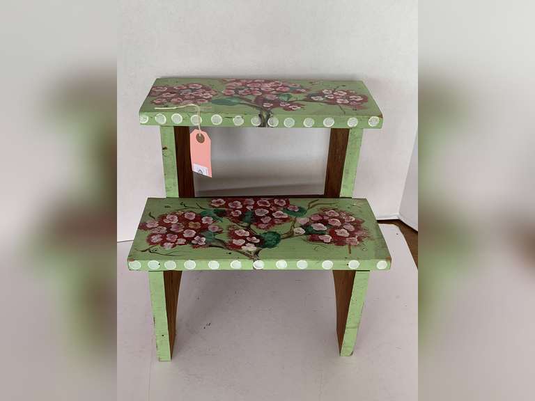 HAND PAINTED WOODEN 2 TIER STEP STOOL 14" TALL X 13 1/4" WIDE X 11 1/2" DEEP image
